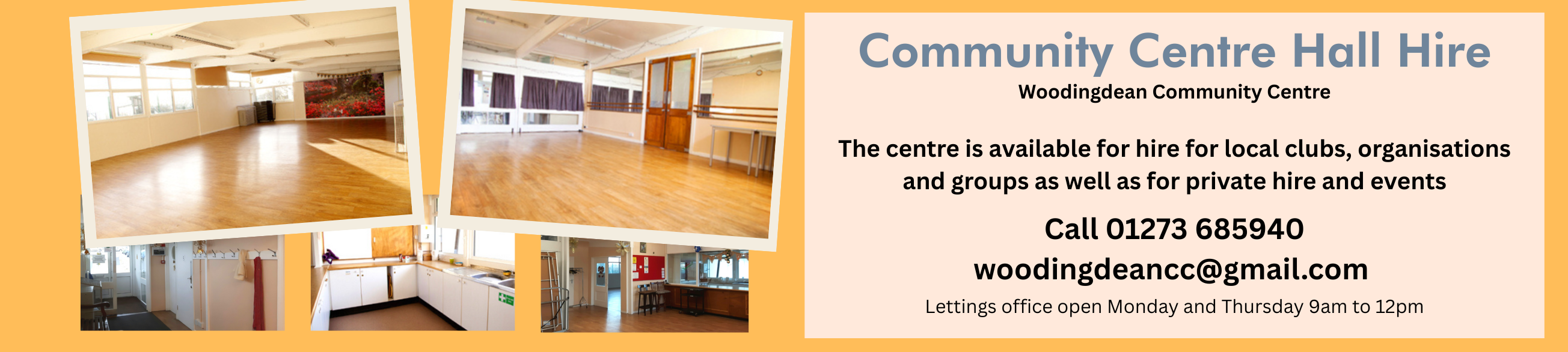 A banner showing photos of the space available to hire at the community centre